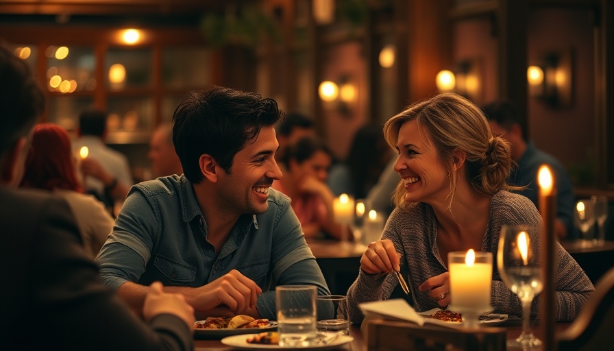 Impact of Kindness depicted by a smiling couple sharing a meal in a cozy setting.