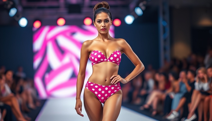 Woman wearing a pink polka dot bikini confidently walking a runway at a fashion show.