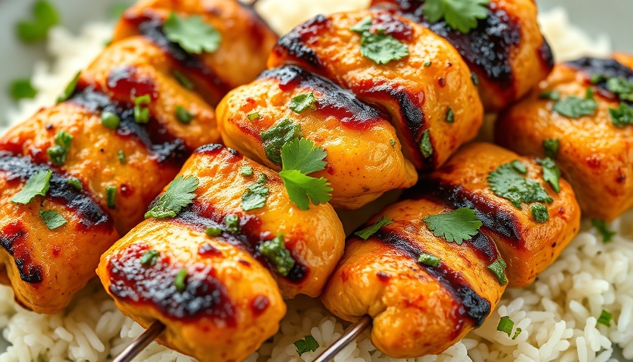 Grilled green curry chicken skewers on rice with cilantro.