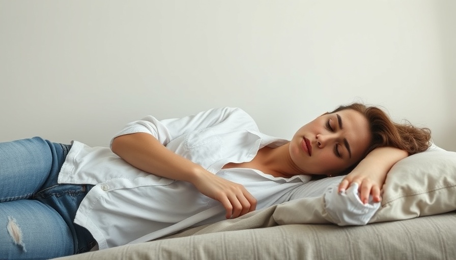 Stressed young woman in casual clothes lying down.