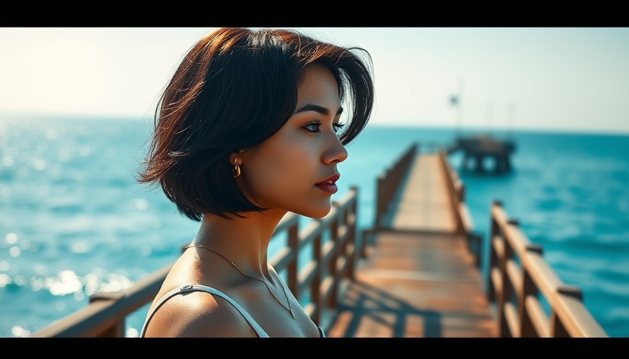 Woman gazing at sea from boardwalk, contemplating changes, under clear skies.