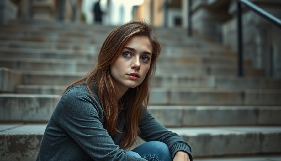 Contemplative young woman sitting on steps in urban setting.