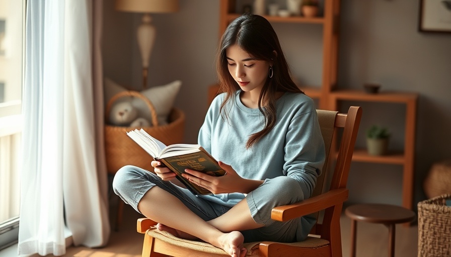 A young woman intensively reading a book seated on a chair, symbolizing human brains getting bigger.