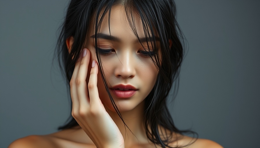 Calm young woman touching her face, grey background, Micro-Coring for Skin Tightening.