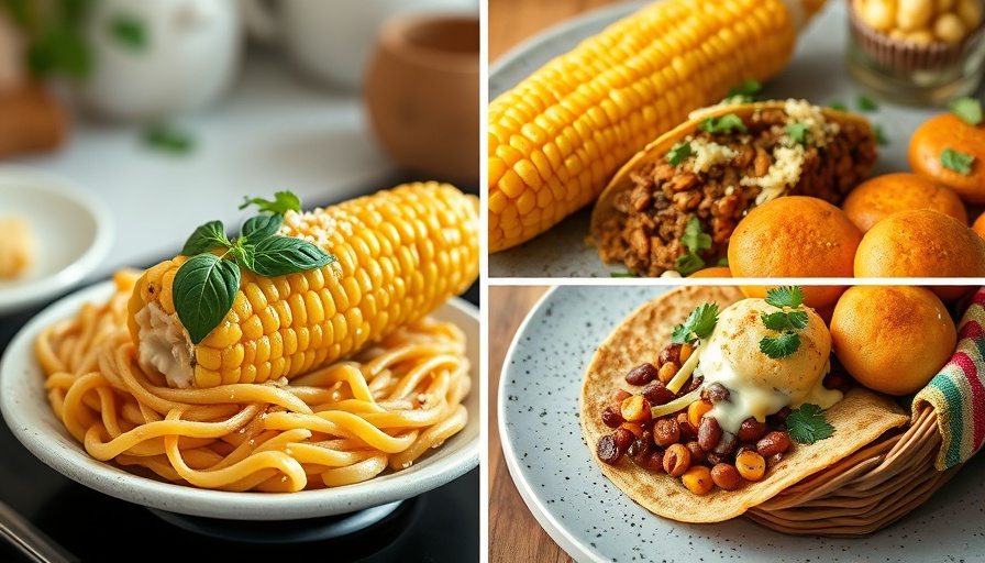 A collage of fresh summer corn recipes in a cozy kitchen.