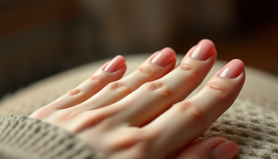 Glossy pink recession nails close-up with cozy background.