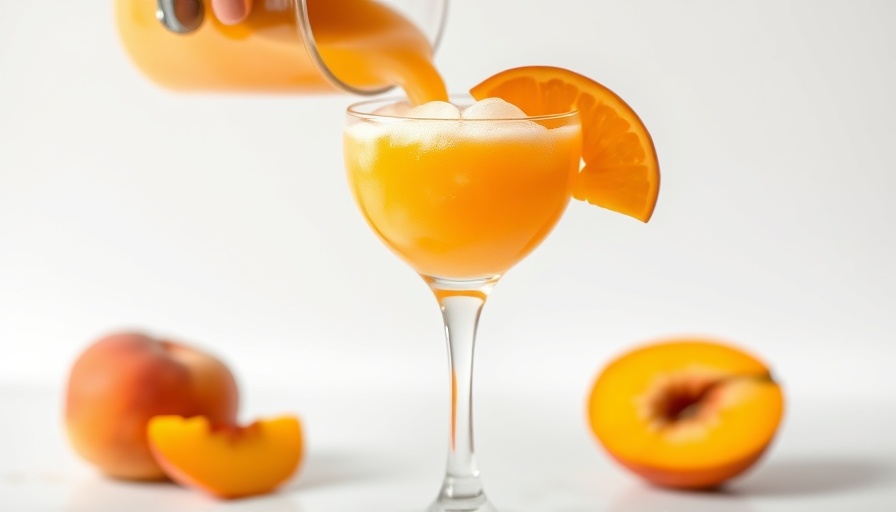 Frozen Peach Bellini with peach slice garnish and bubbles.