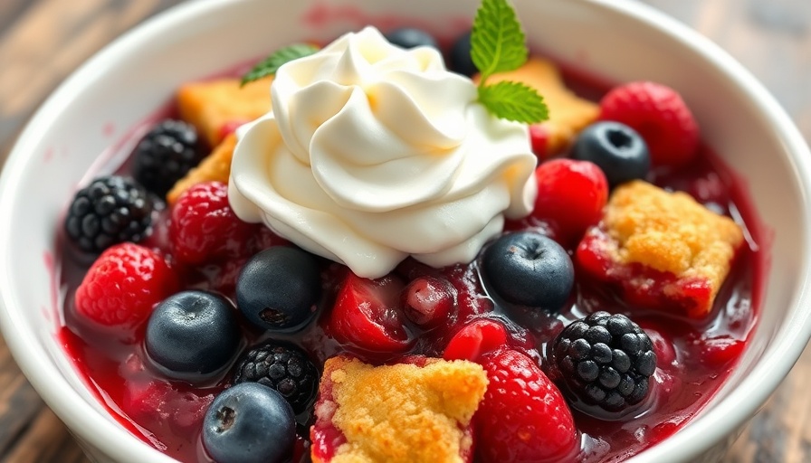 Cottage Cheese Berry Cobbler with whipped cream and mint.