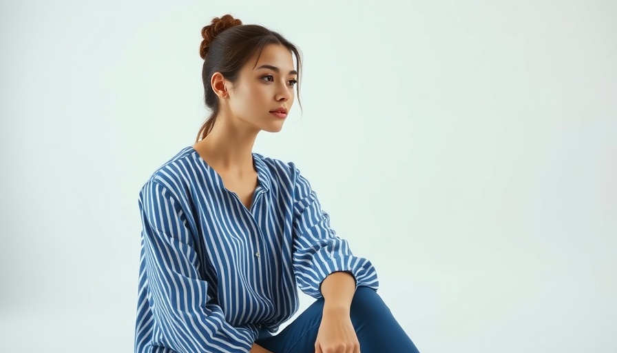 Fashionable woman in blue-striped blouse, seated, minimalistic style.