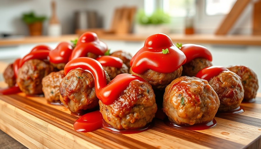 Savory meatballs with ketchup and protein chips.