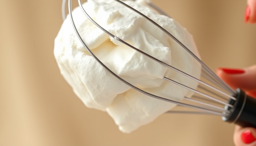 Whisk with maple marshmallow fluff against beige background