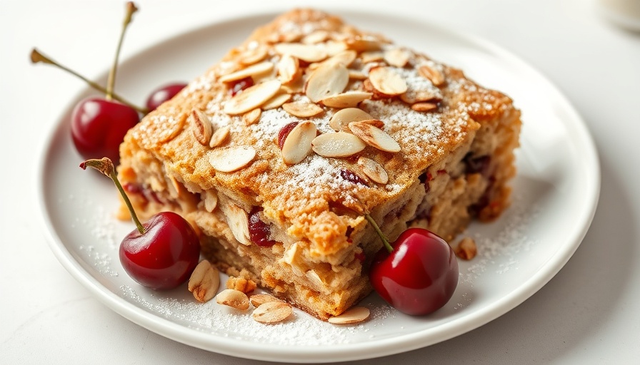 Cherry almond croissant baked oats with fresh cherries, powdered sugar