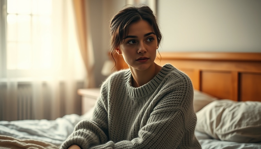 Young woman going through a hard time, sitting pensively on a bed in soft lighting.