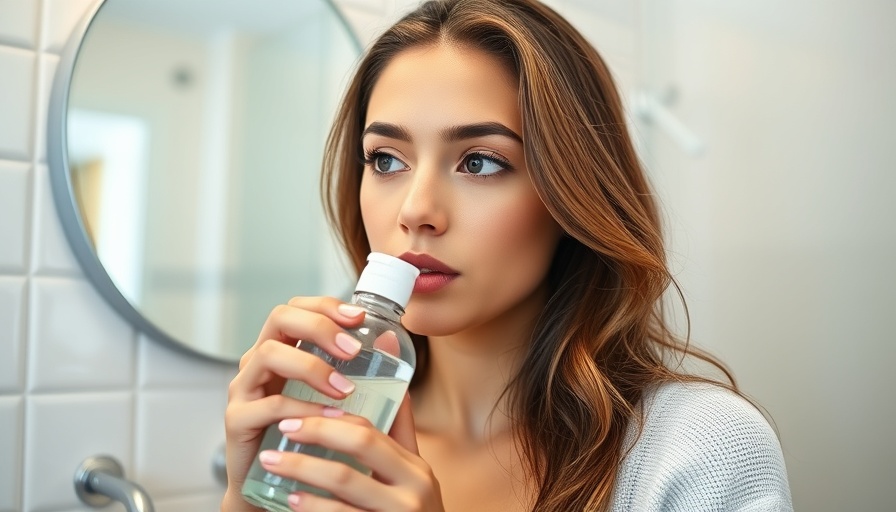 Young woman using mouthwash in a bathroom after meals.