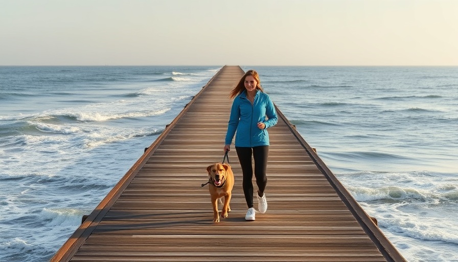 Walk to counteract sitting: Woman and dog on a pier.