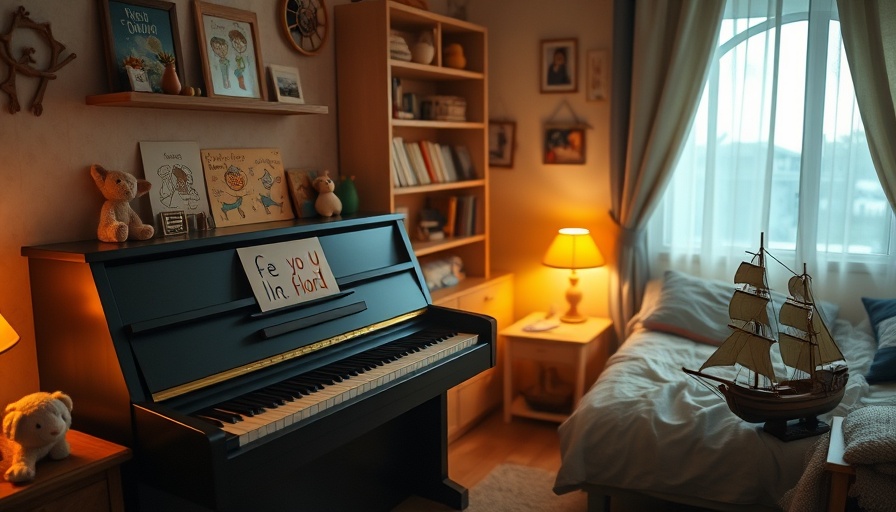 Childhood bedroom with piano and drawings for cleaning out childhood bedroom.