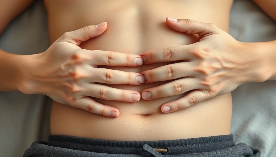 Hands on stomach indicating IBS symptoms management, relaxed posture.