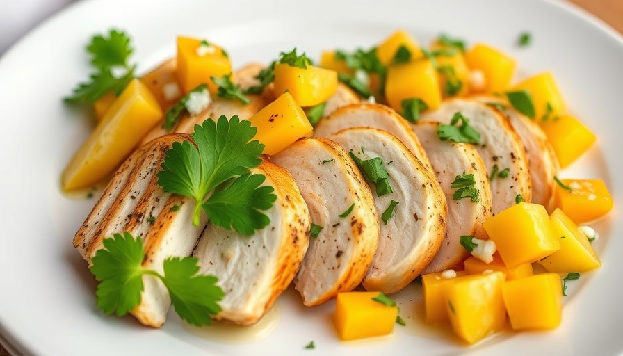 Cilantro lime chicken with mango salsa, rice, and herbs