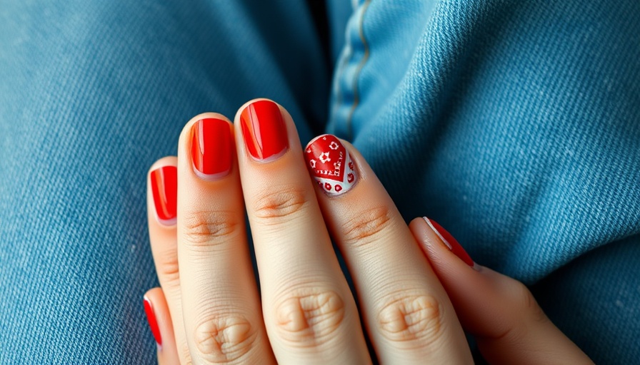 Close-up of bandana pattern red and white nails on hands.
