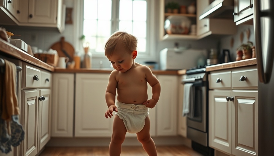 Toddler exploring a cozy kitchen with natural light.