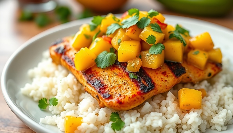 Cilantro Lime Chicken with Mango Salsa served on rice, vibrant and appetizing.