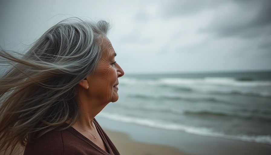 Elderly woman reflecting by the sea, heart health and dementia risk.