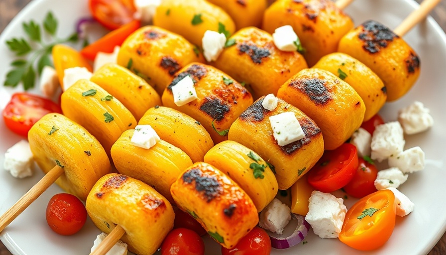 Rainbow grilled gnocchi skewers with vibrant vegetables and feta.