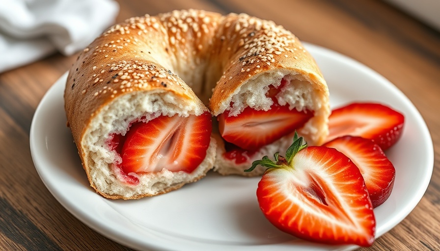 Moist strawberry bagel with visible strawberries on a plate.