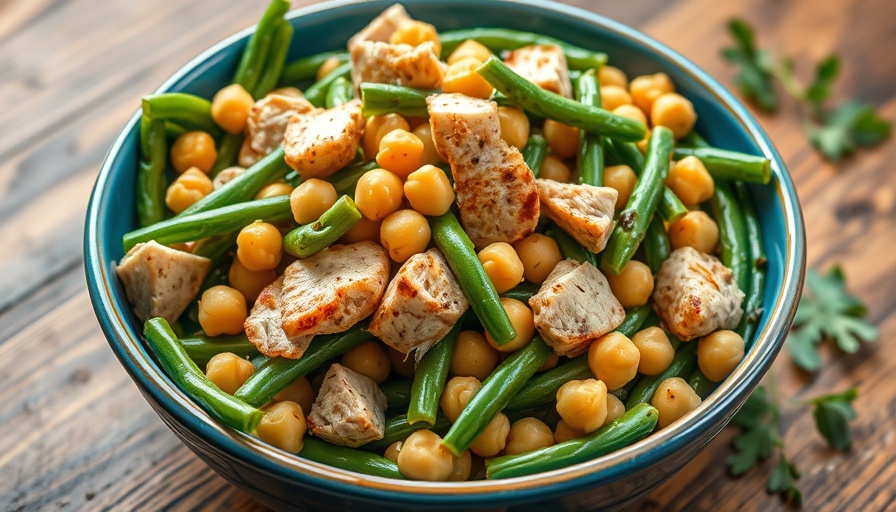 Fresh green bean chickpea salad with chicken in blue bowl.