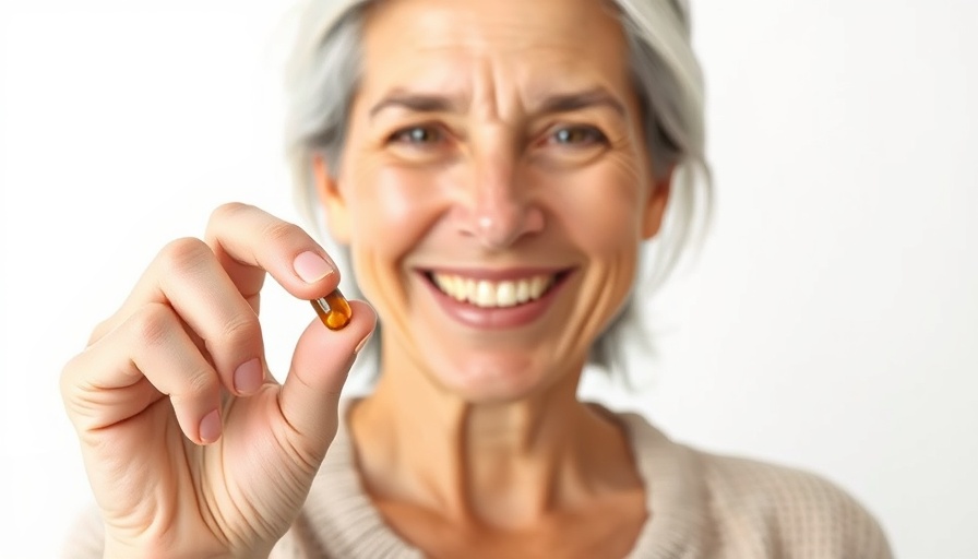 Smiling woman holding a vitamin capsule for hair loss.