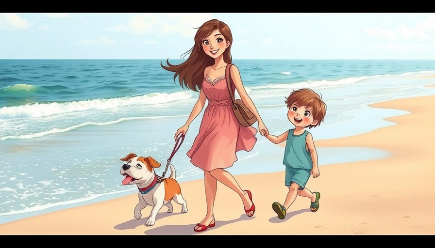Finding joy in everyday moments: Cartoon scene of a woman, child, and dog walking by the ocean.