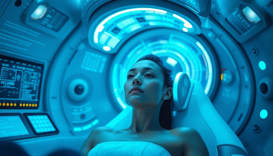 Futuristic woman practicing longevity wellness in high-tech chamber.