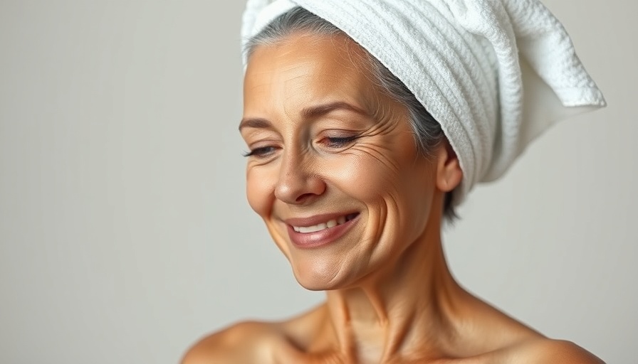 Middle-aged woman in towel smiling, highlighting skin microbiome and collagen production.