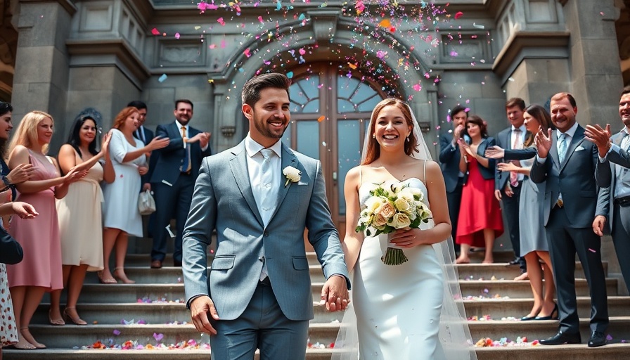 Joyful couple in personalized wedding, confetti celebration