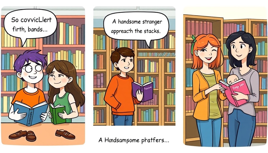 Cartoon showing flirting in a library across different life stages.