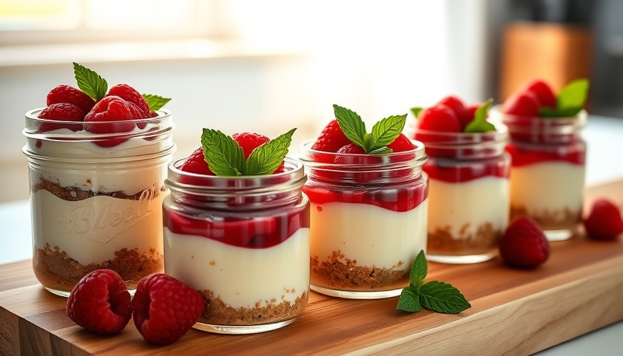 High-protein cheesecake jars with raspberry topping and mint garnish.