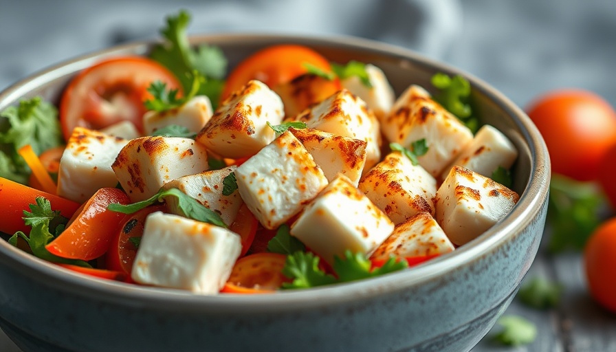 Colorful Crispy Buffalo Halloumi Salad with fresh vegetables.
