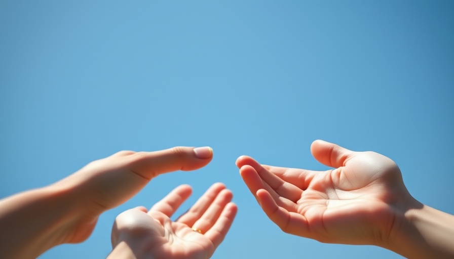 Hands reaching towards each other, evoking connection under blue sky.