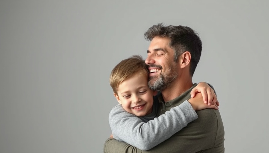 Father and son smiling tenderly in a gratitude moment.