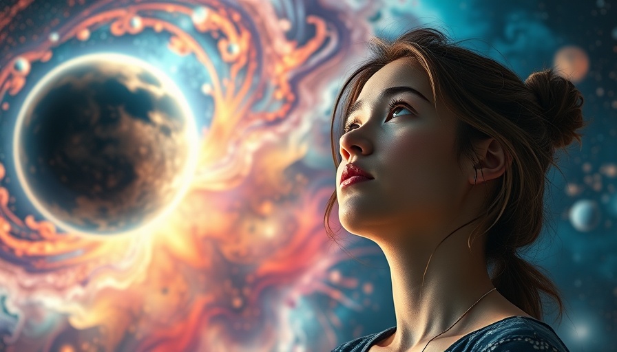Young woman contemplating Mars in Libra relationships, abstract cosmic background.