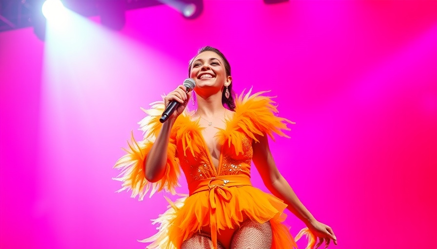 Vibrant performer in orange outfit with dynamic pink backdrop.