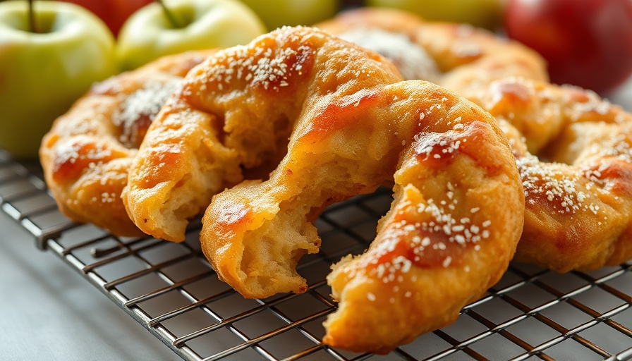 Air Fryer Apple Fritters close-up with apples on a cooling rack.