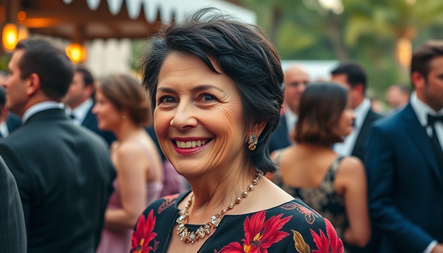 Elegant woman smiling at upscale event amidst a crowd.