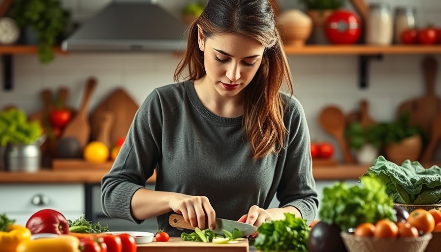 Woman chopping vegetables in kitchen highlighting carotenoids for youthful skin.