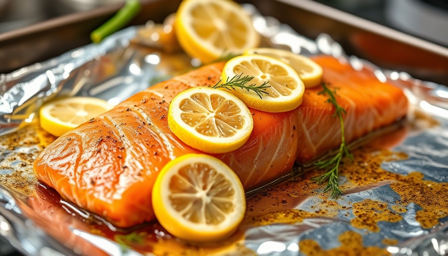 Lemon dill salmon marinade on fresh fillet with herbs and lemon slices.
