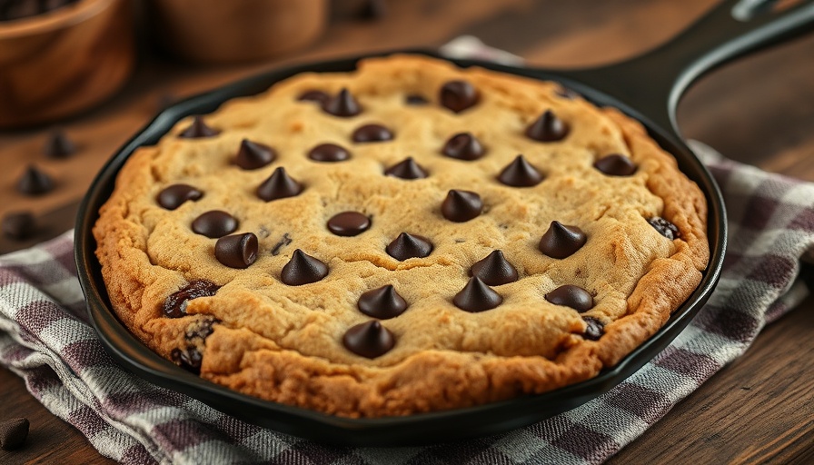Protein-Packed Chocolate Chip Skillet Cookie on a cloth in the kitchen.