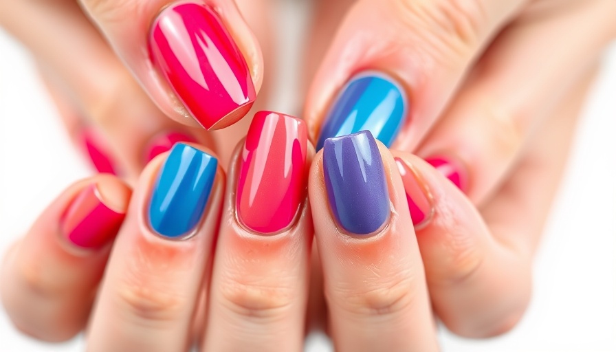 Close-up of vibrant peel-off nail polish on nails.