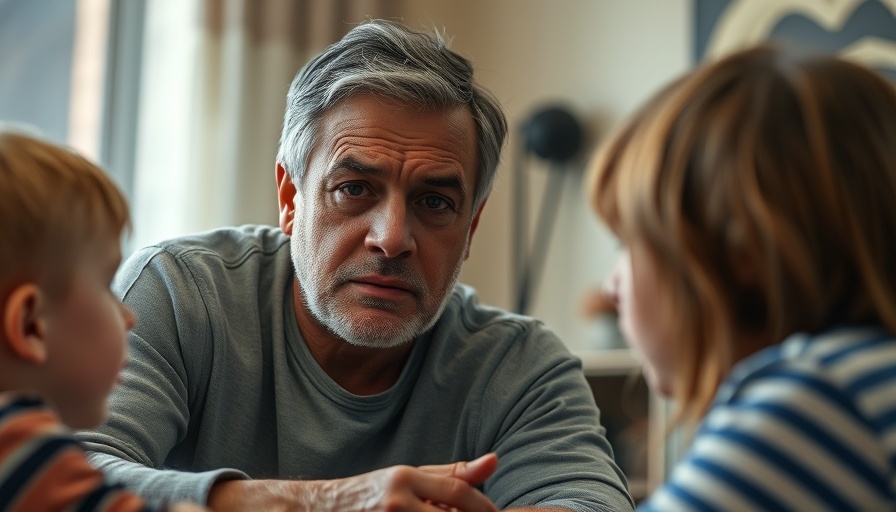 Concerned adult talking to children in comforting environment.
