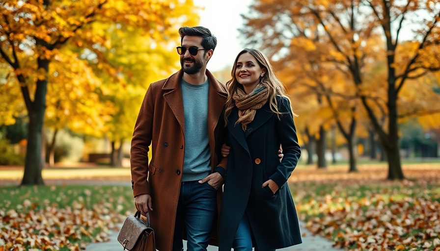 Elegant fall wardrobe essentials on a couple walking in a vibrant autumn park.