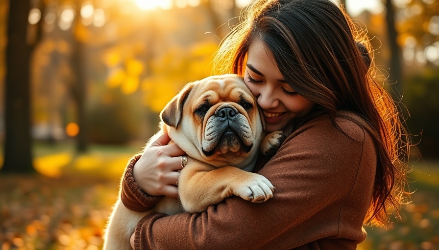 Weekend Plans: Woman embracing bulldog puppy in park.